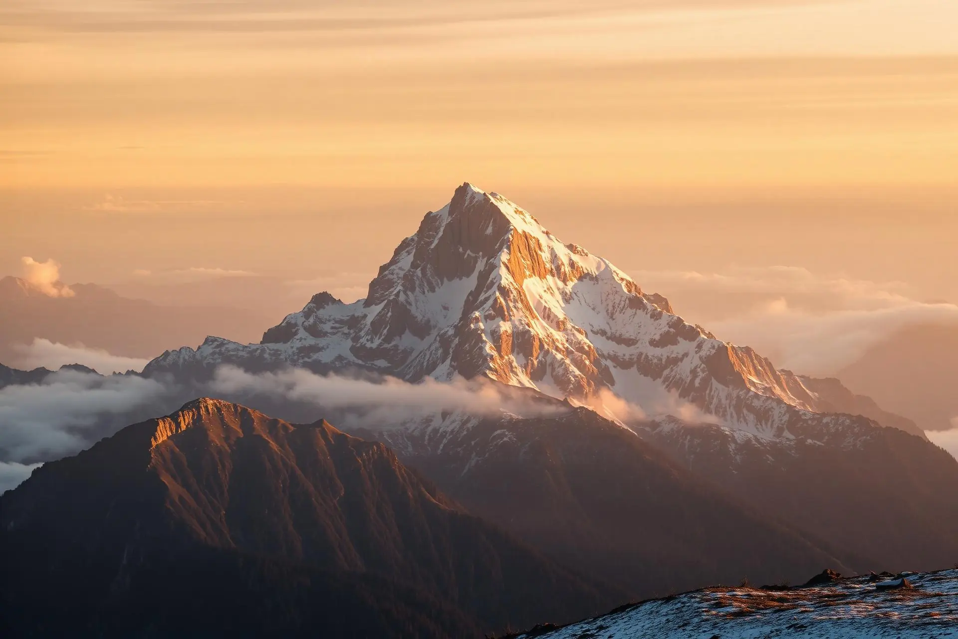 Schneebedeckter Alpengipfel im Abendrot über einem Wolkenmeer